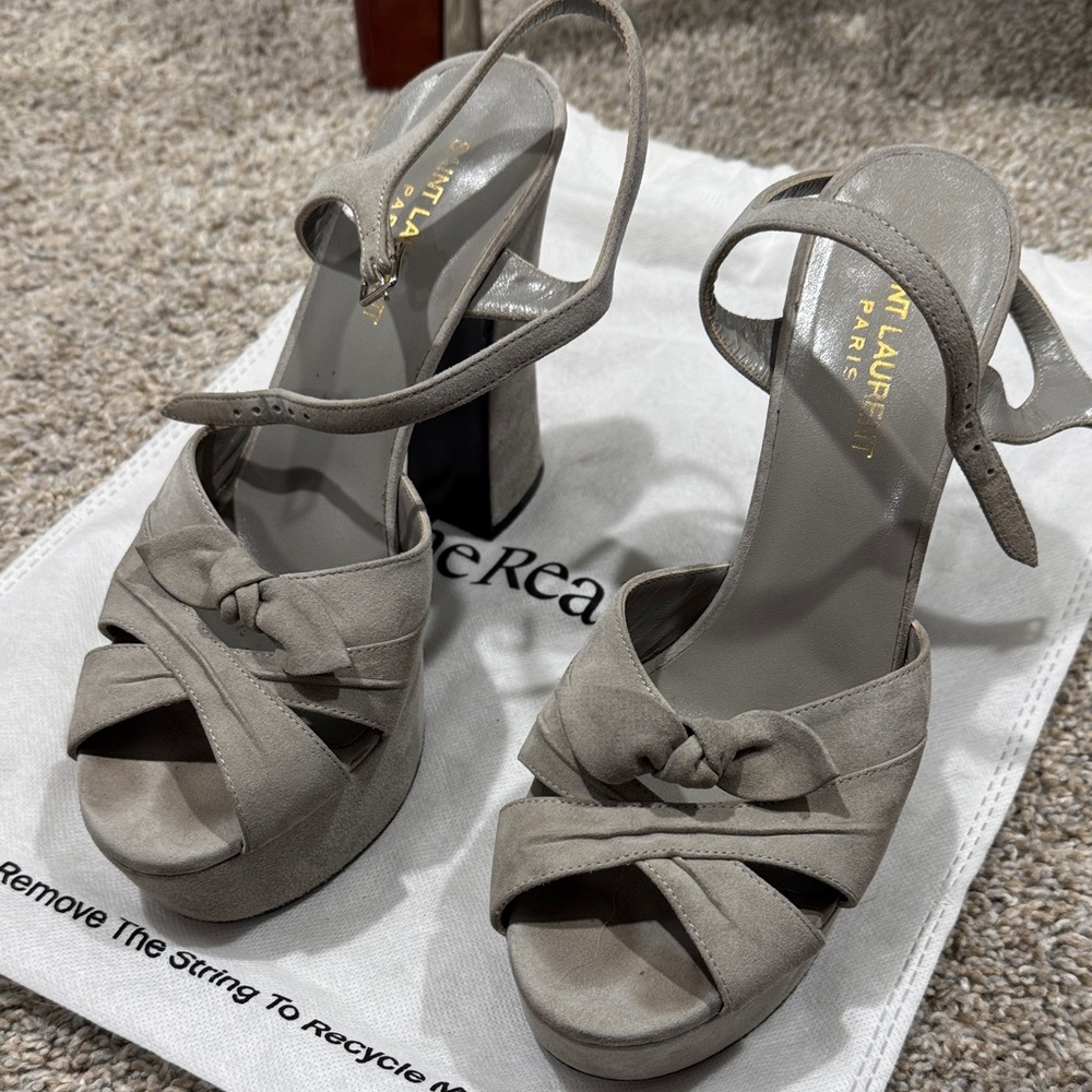 YSL Saint Laurent Women's Grey Suede Paige Heeled Sandals - Picture 3 of 9